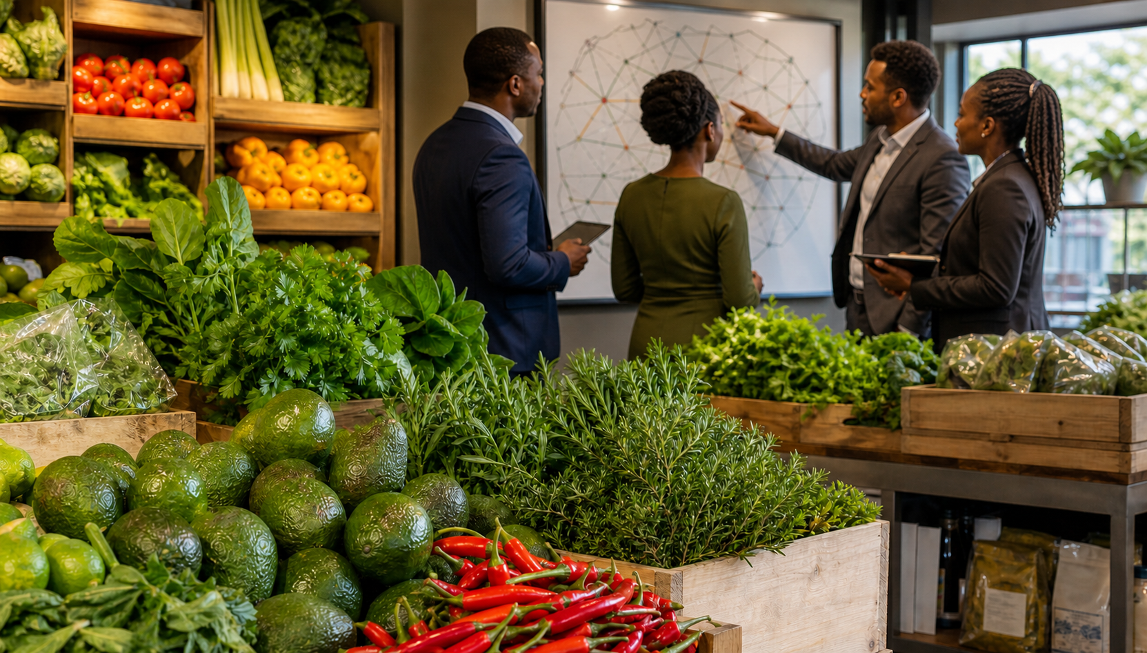 Fresh produce displayed while East African team members review a supply-chain network plan in the background