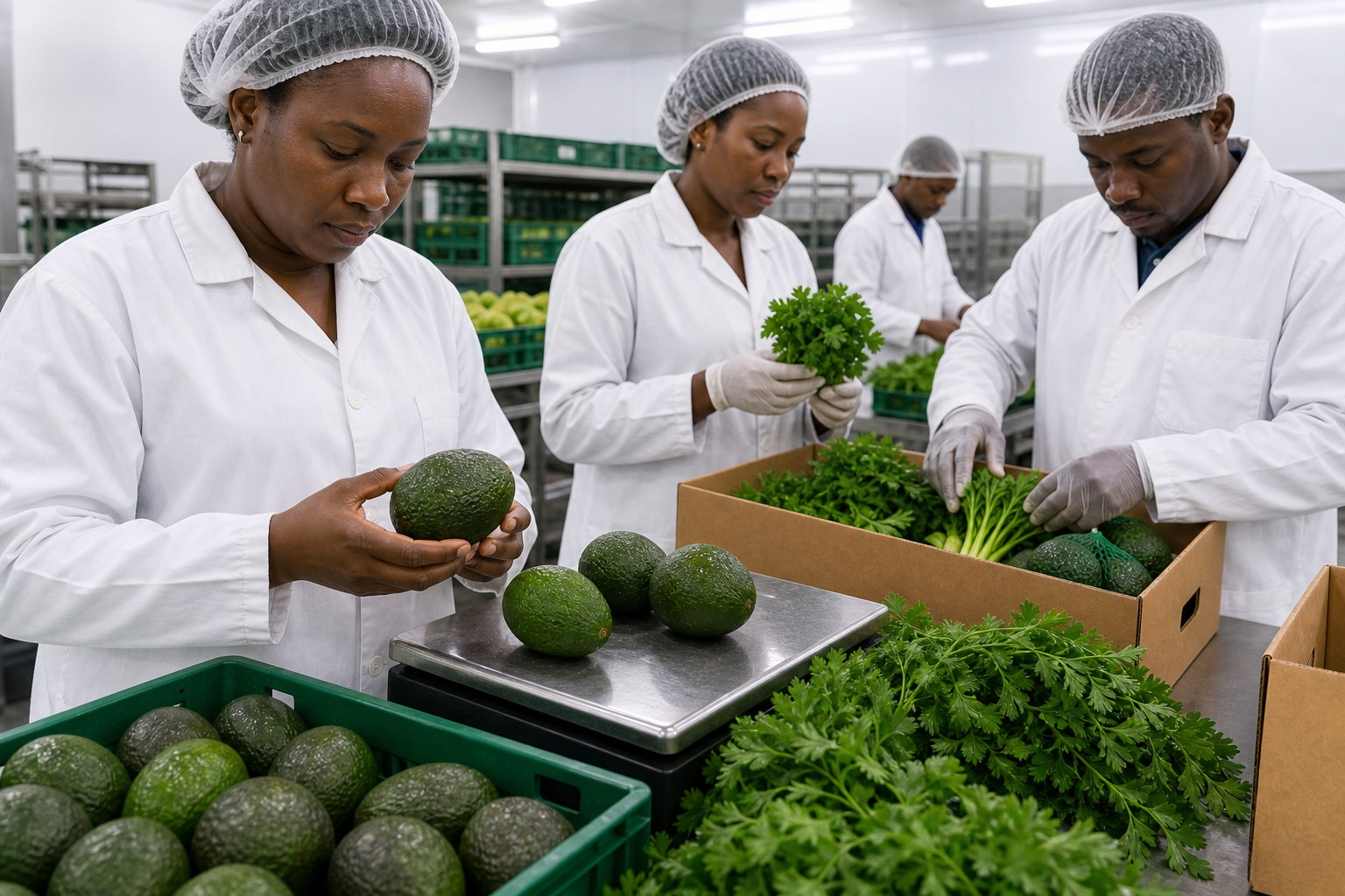 East African quality inspection team checking avocados and herbs before packing them into export boxes
